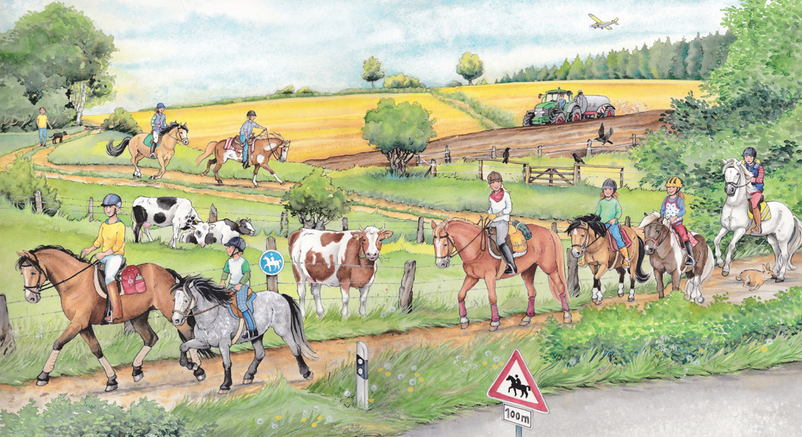 Illustration Melanie Brockamp Pferde Reiter Kühe Trecker Land Felder